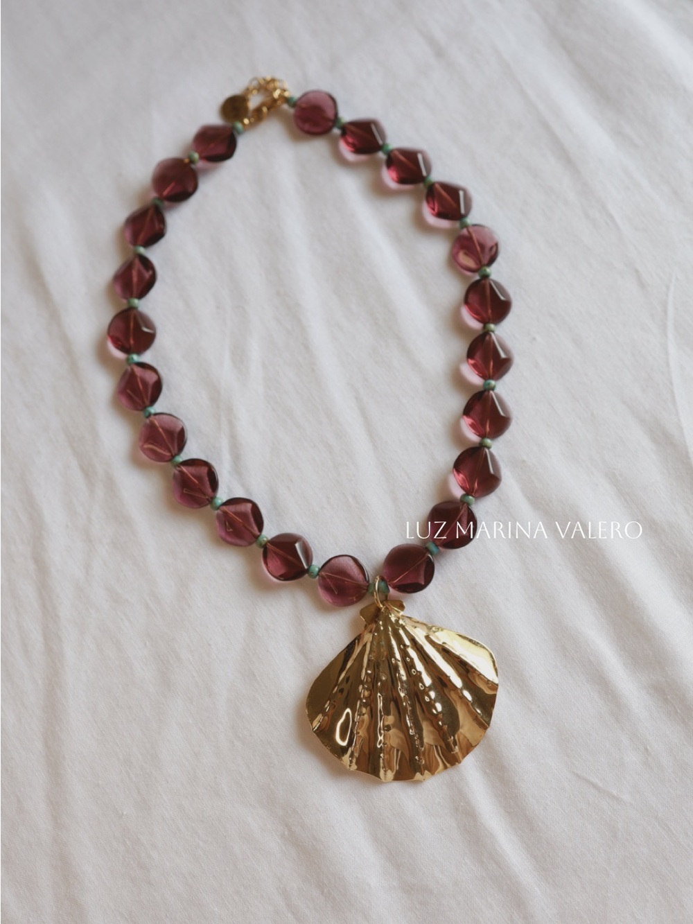 Amethyst Purple Glass Bead Necklace with Gold Shell Pendant